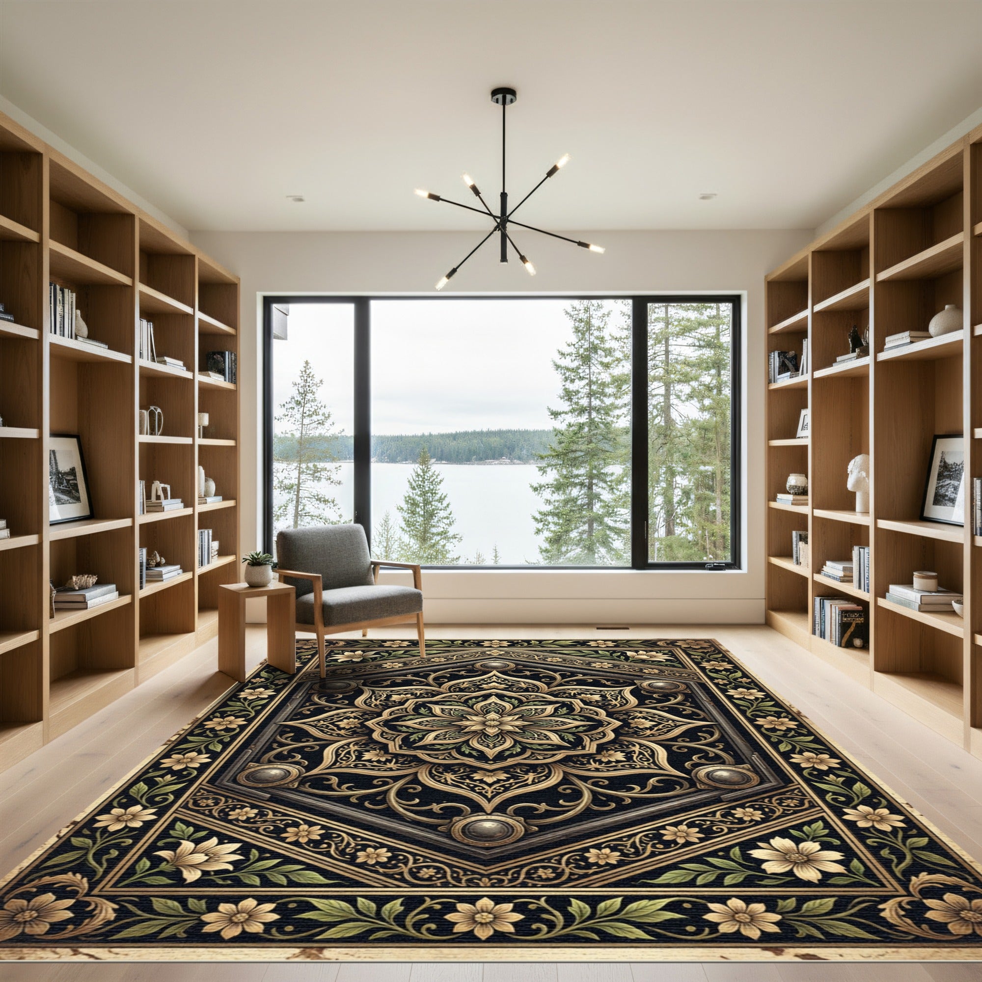 Ornate Gold Floral Hexagon Medallion Rug