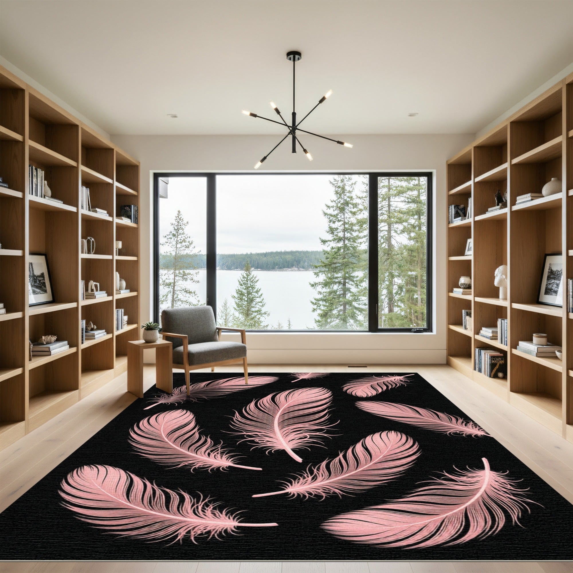 Elegant Blush Pink Floating Feather Art Rug