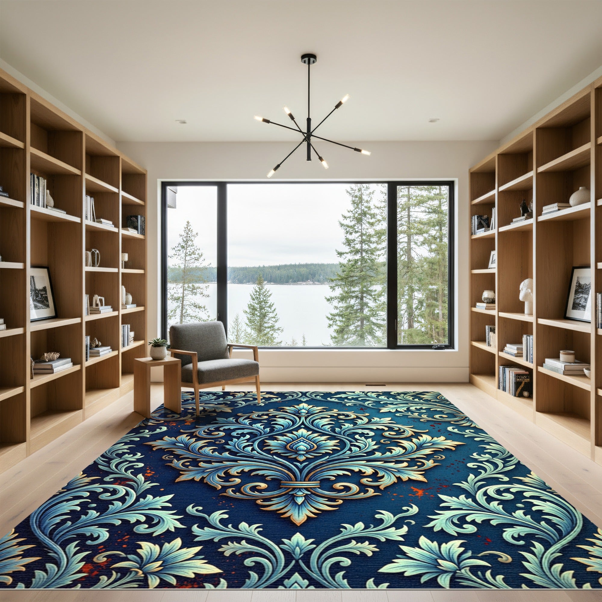 Deep Blue Ornate Floral Scroll Rug