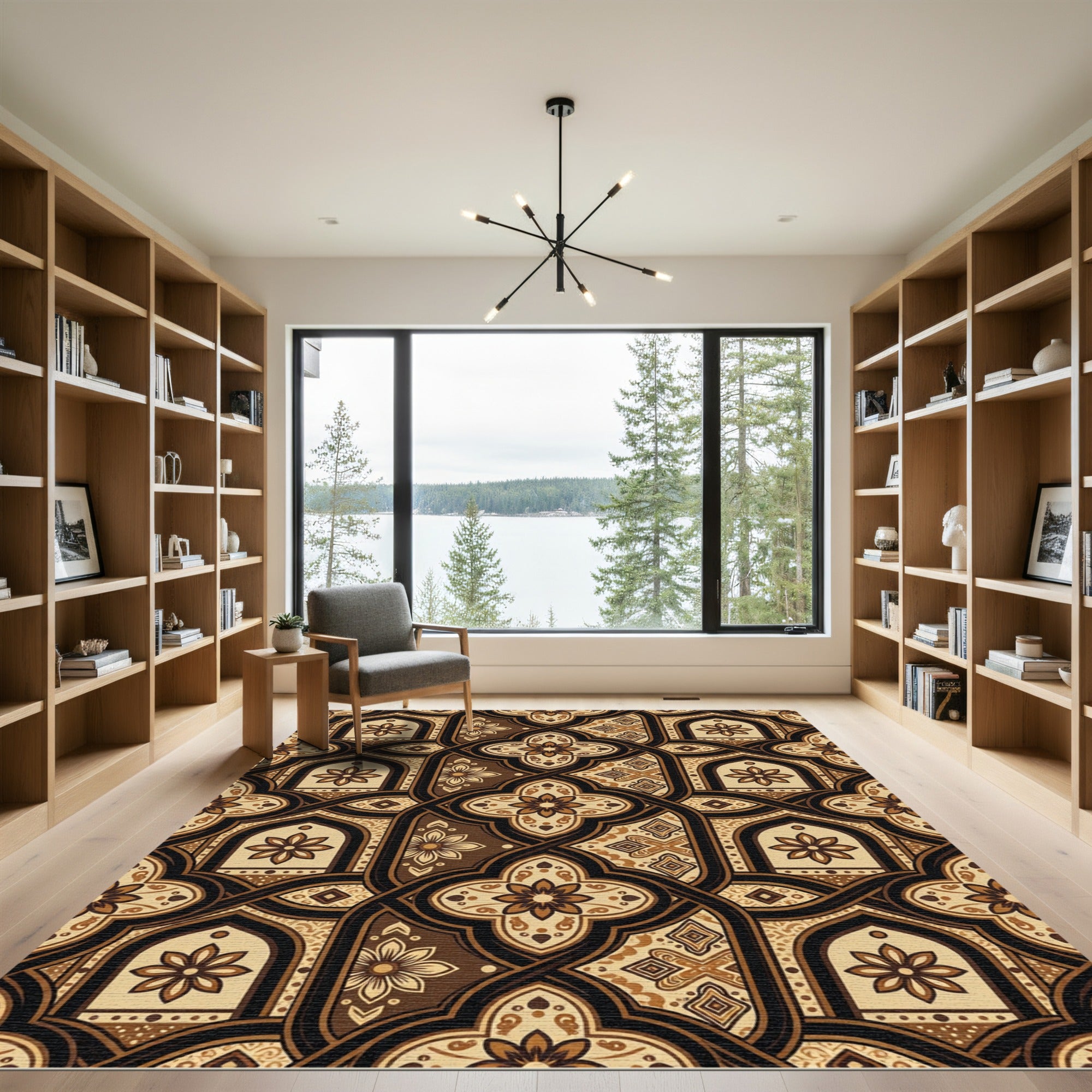 Elegant Brown Floral Arch Interlaced Tile Rug