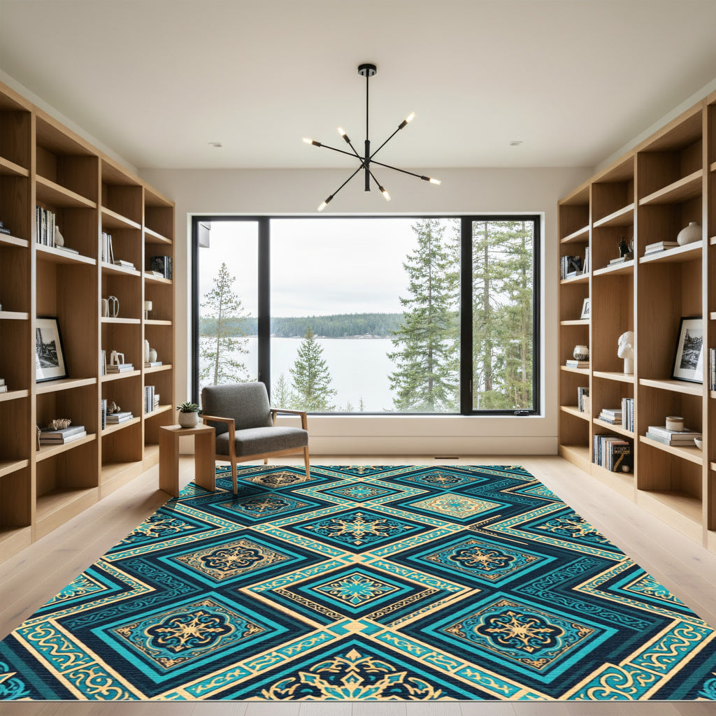 Teal Gold Ornate Geometric Diamond Rug