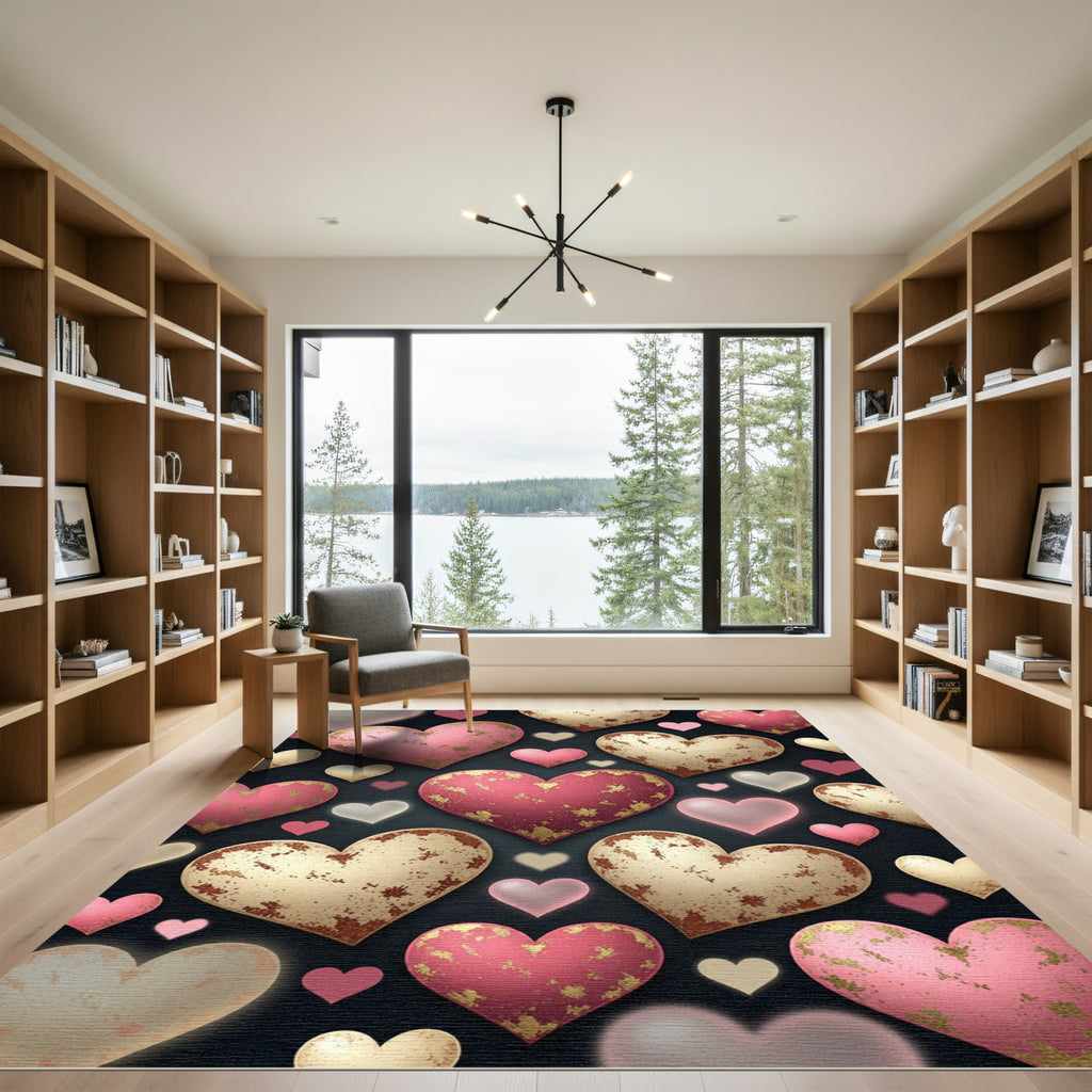 Rustic Distressed Pink Gold Heart Rug