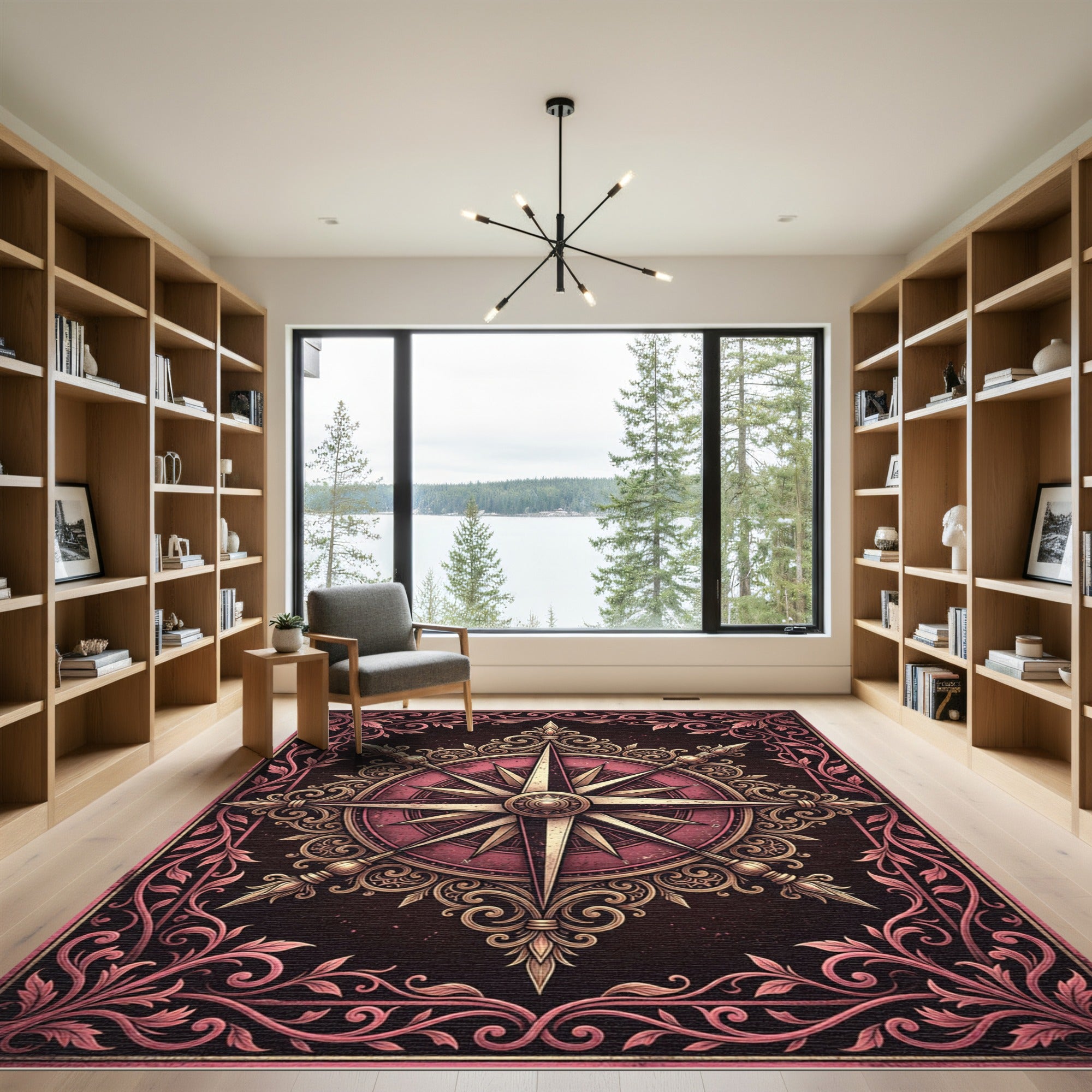 Ornate Crimson Vintage Compass Medallion Rug