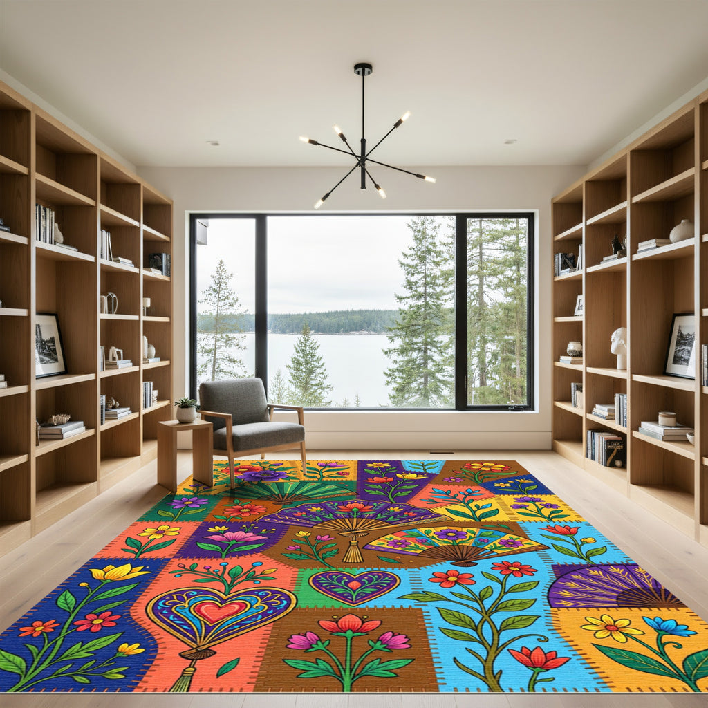 Colorful Quilted Patchwork Floral Heart Rug