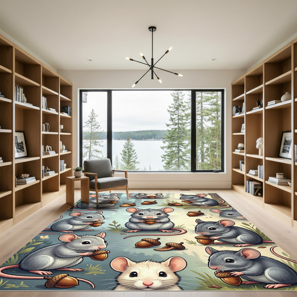 Whimsical Gray Mouse and Acorn Illustration Rug