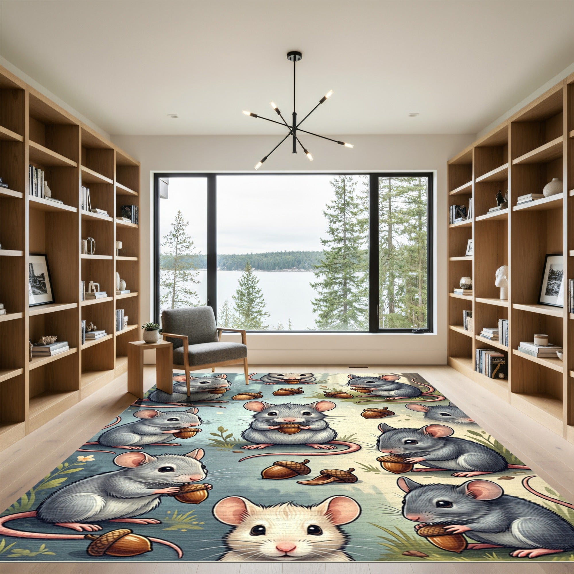 Whimsical Gray Mouse and Acorn Illustration Rug