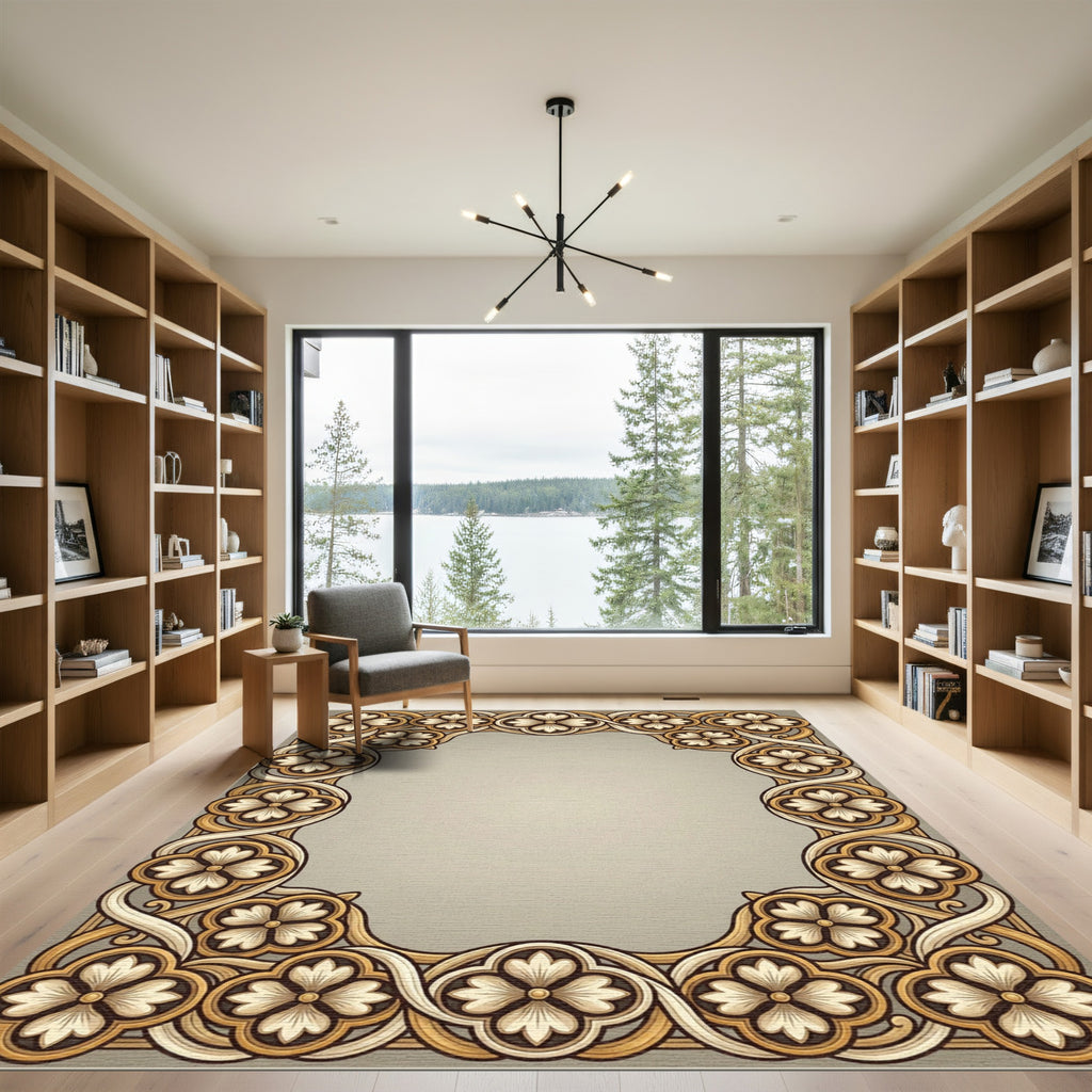 Golden Beige Quatrefoil Floral Border Rug