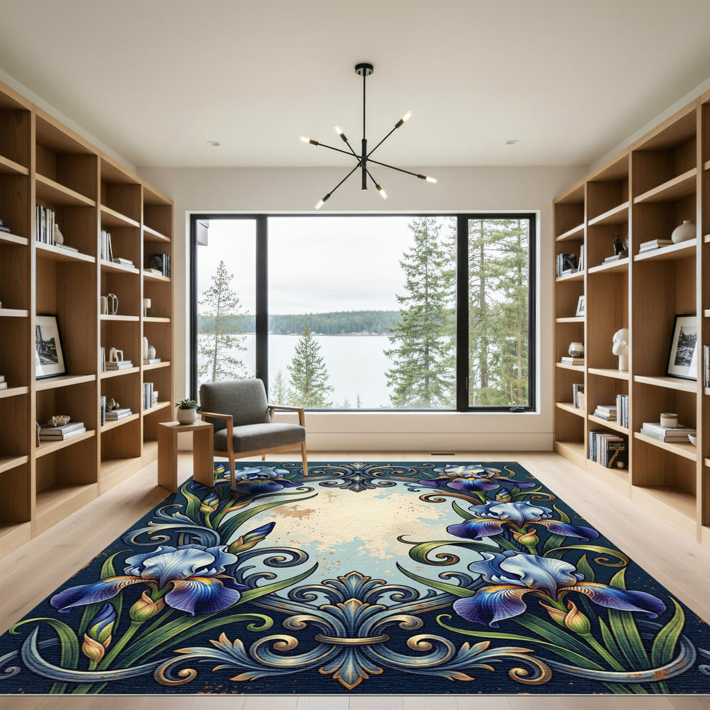 Ornate Blue Iris Scroll Frame Rug