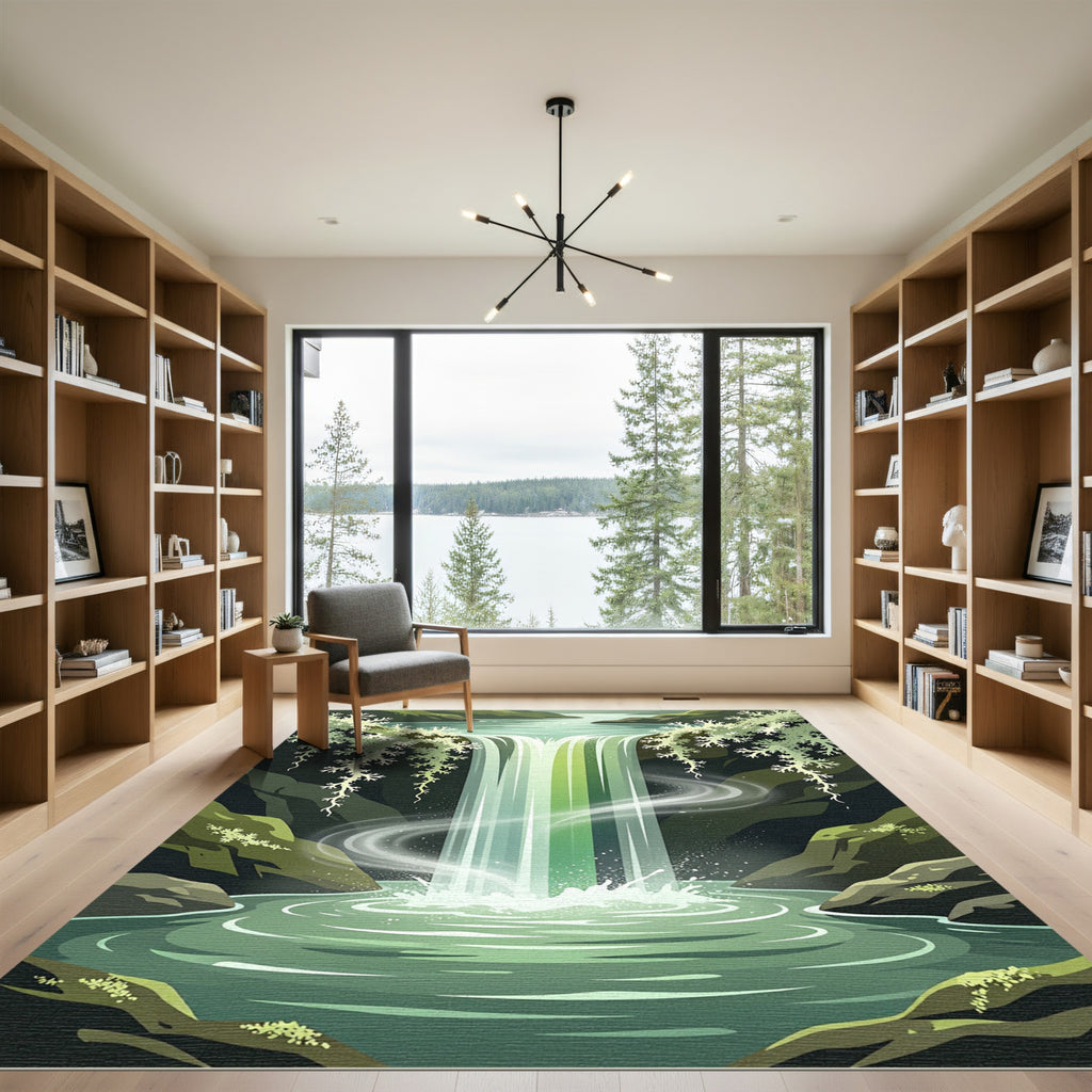 Verdant Waterfall Lush Nature Scene Rug
