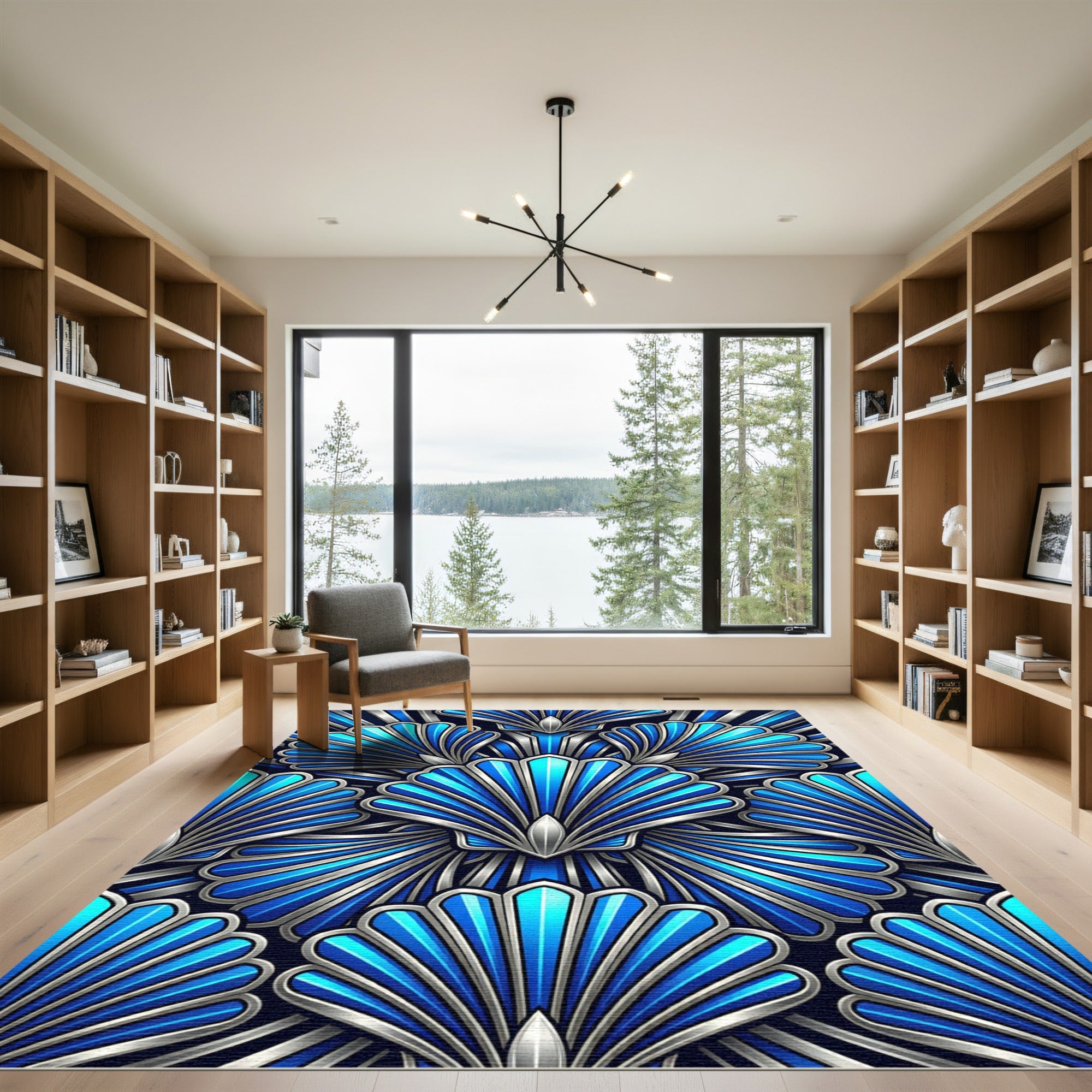 Art Deco Blue Fan Cluster Rug