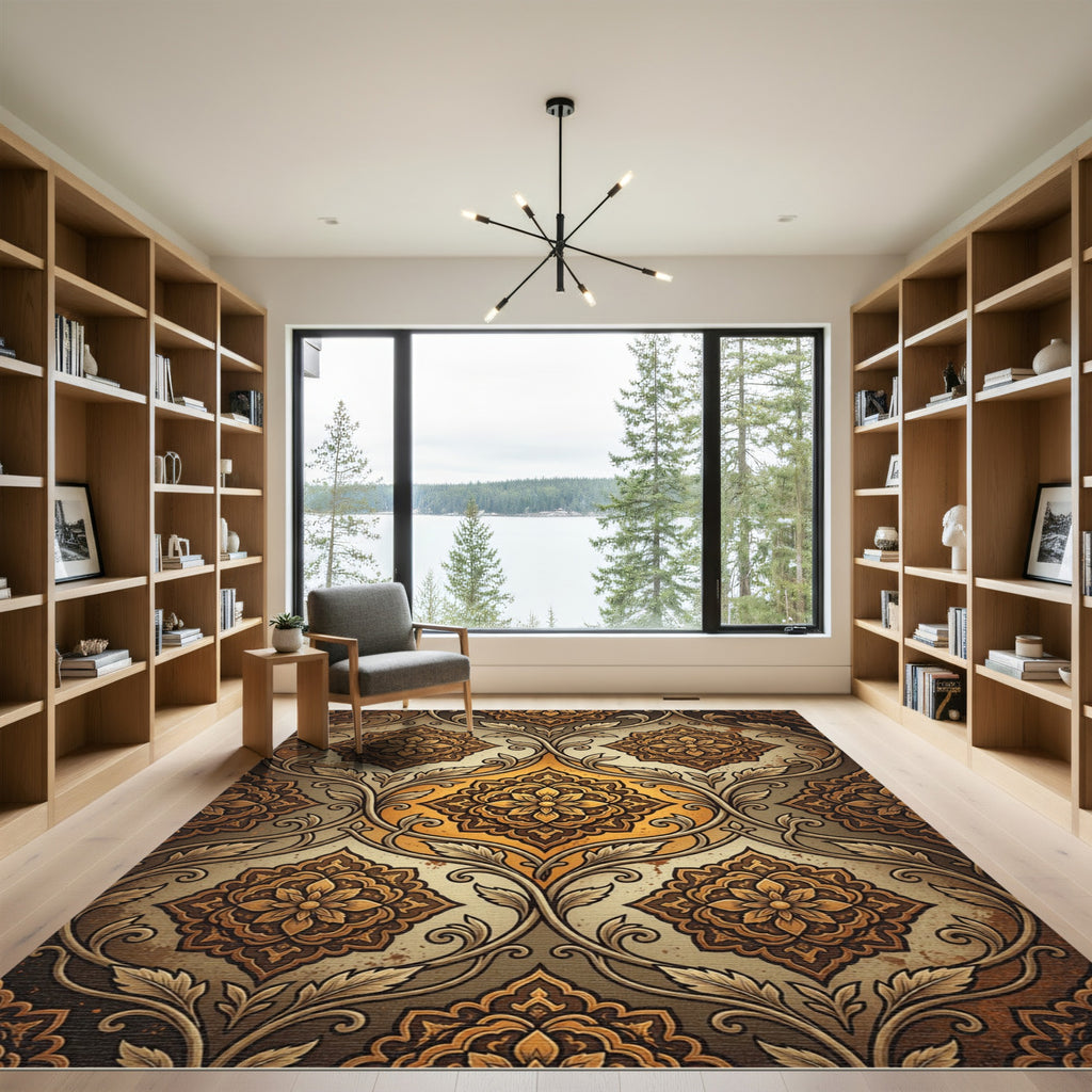 Golden Ochre Damask Floral Medallions Rug