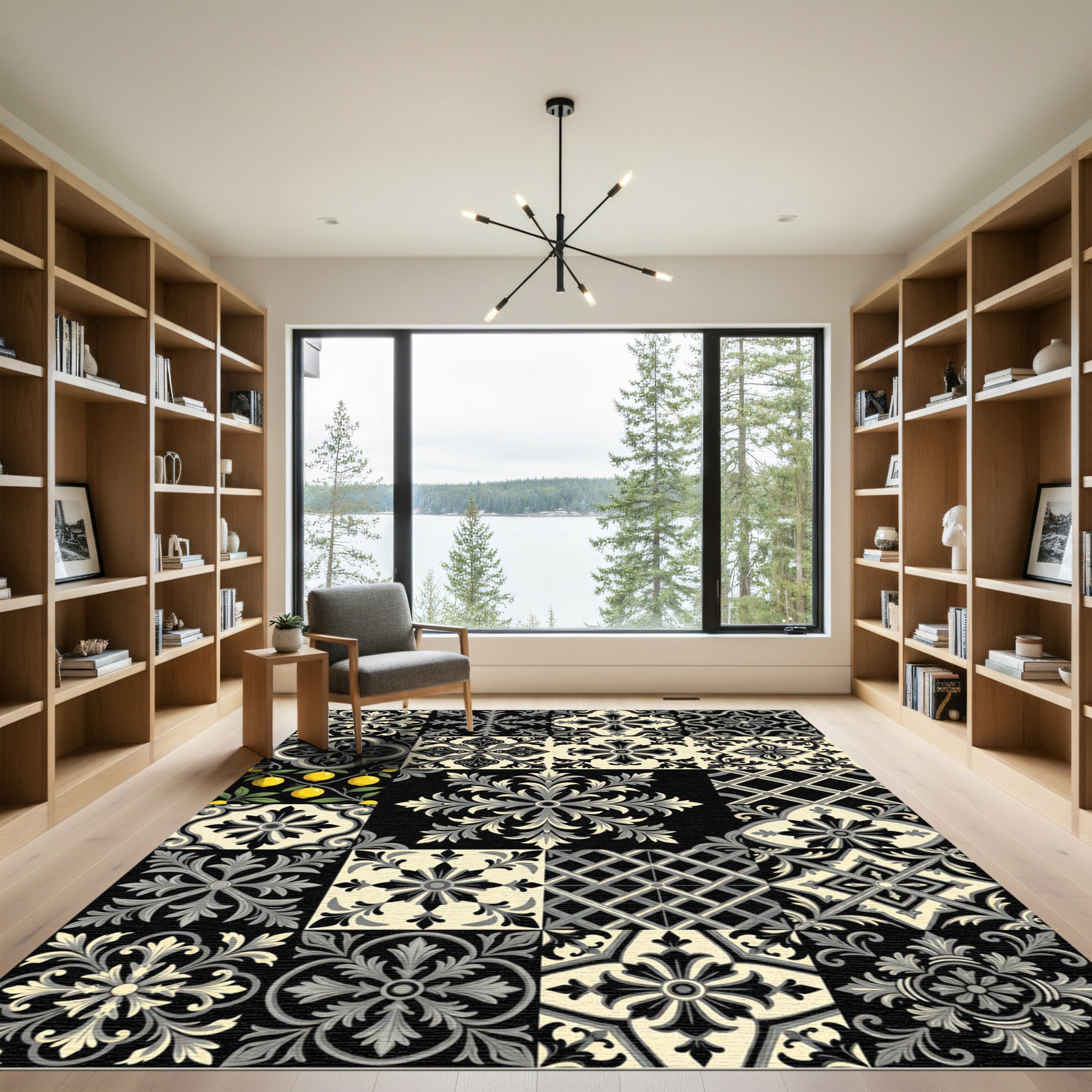 Black Gray Cream Medallion Tile Collage Rug
