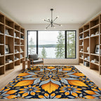 Golden Sunflower Gray Leaf Medallion Rug