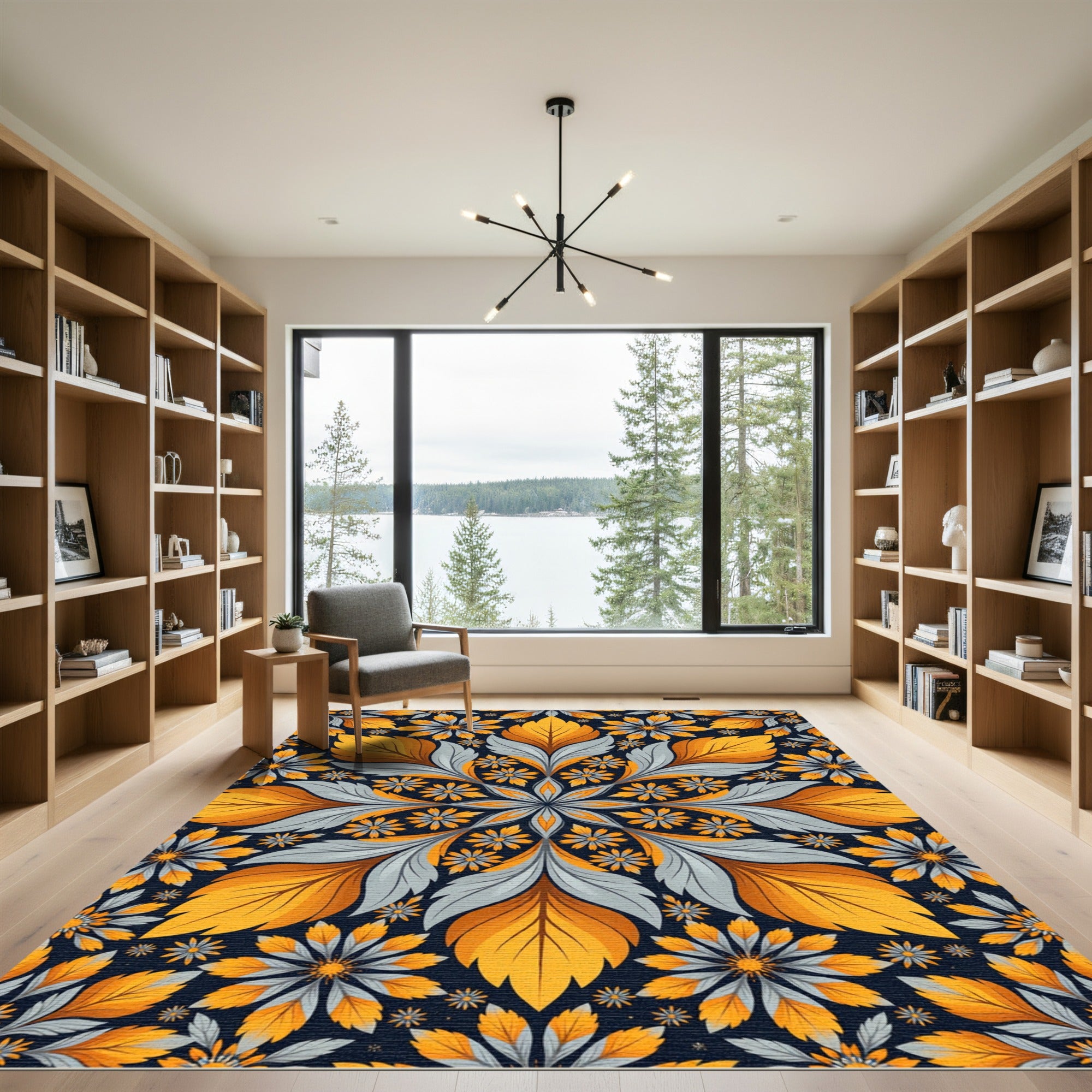 Golden Sunflower Gray Leaf Medallion Rug