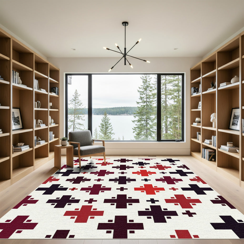 Crimson Black Cross Stitch Pattern Rug