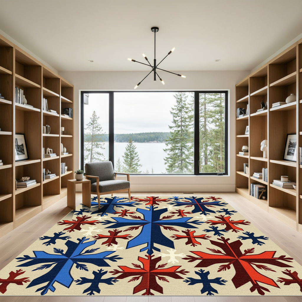 Navy Red Snowflake Cross Geometric Tile Rug