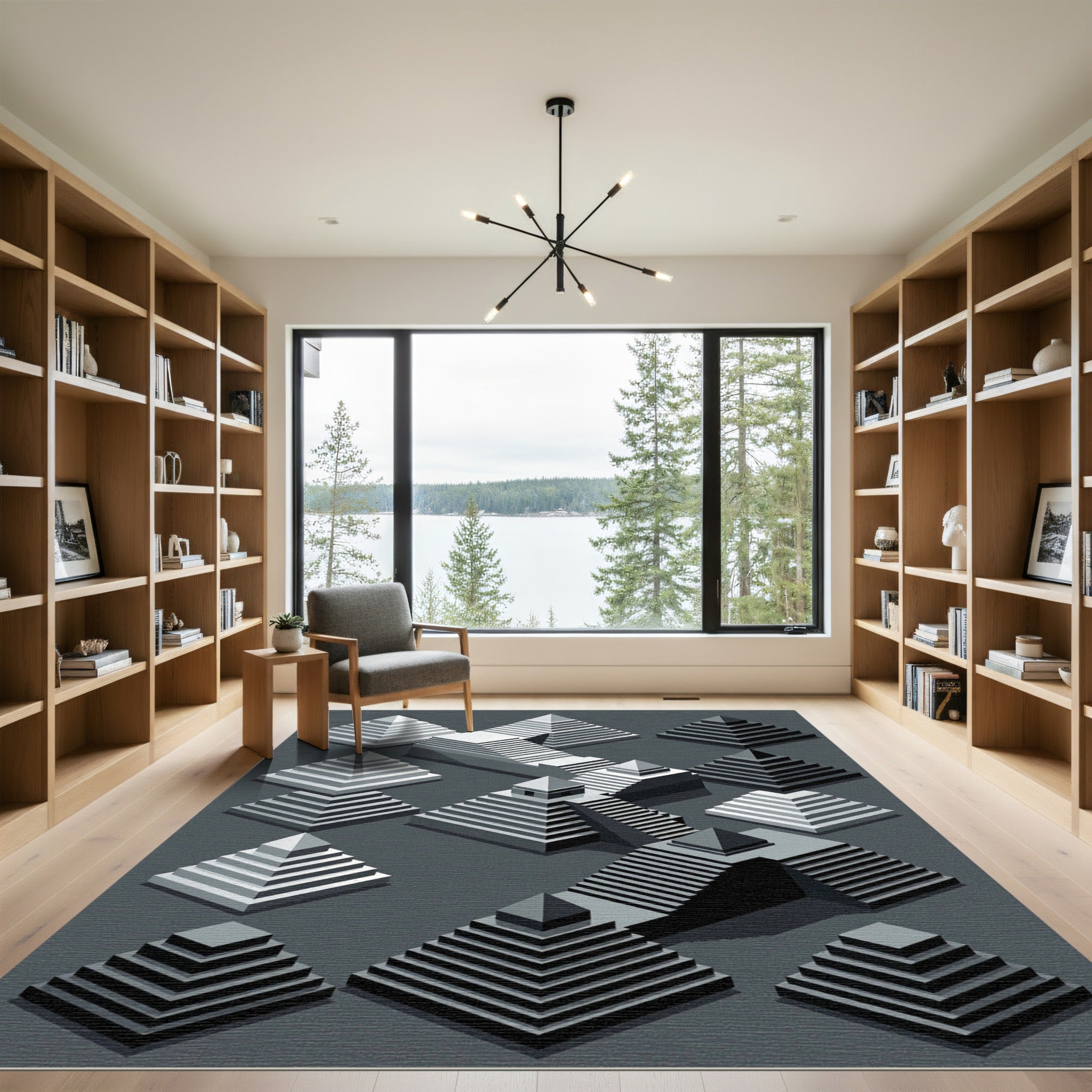 Gray Isometric Step Pyramid Composition Rug