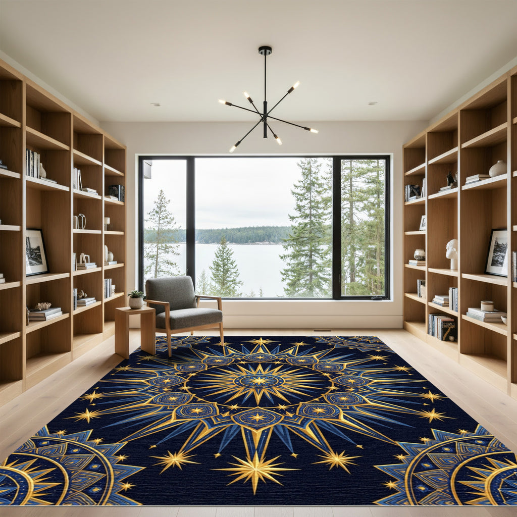 Celestial Gold and Navy Starburst Mandala Rug