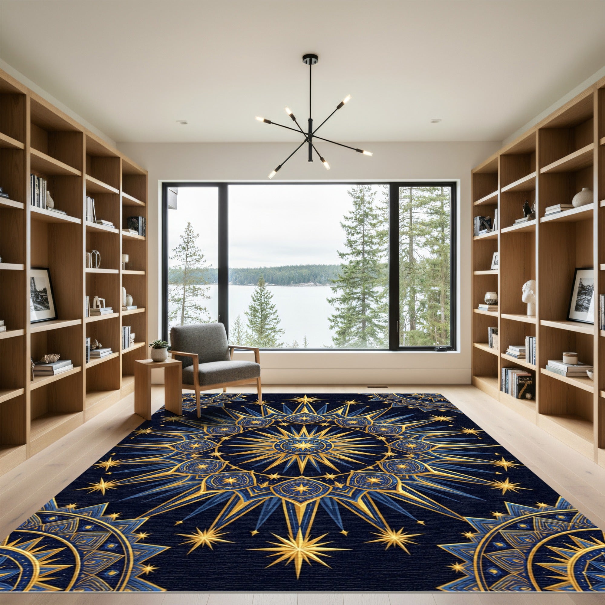 Celestial Gold and Navy Starburst Mandala Rug