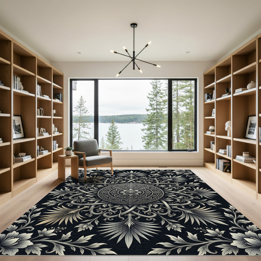 Detailed Silver Floral Mandala Statement Piece Rug