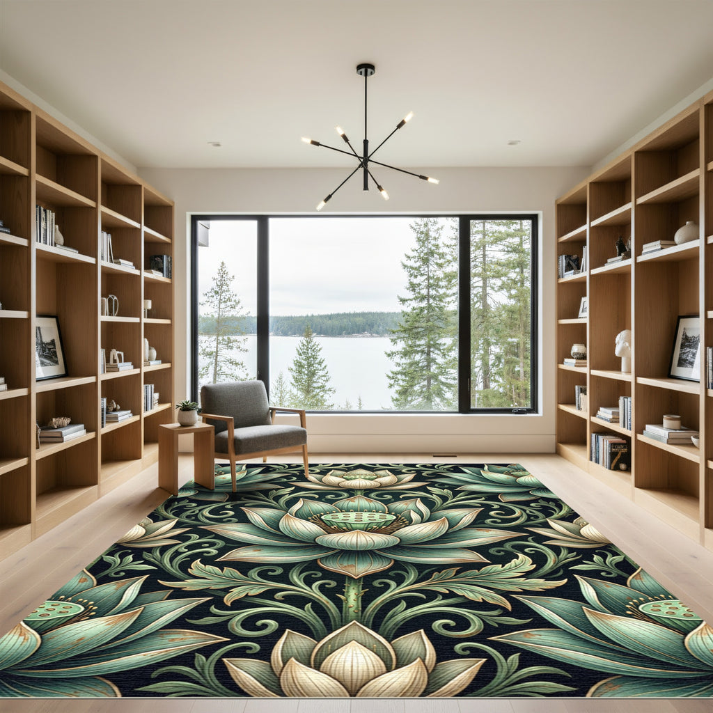 Sage Lotus Botanical Scroll Medallion Rug