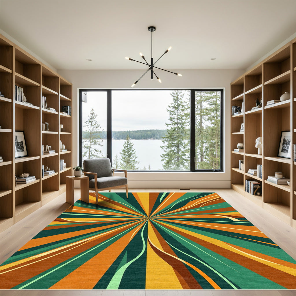 Retro Radiant Sunburst Abstract Gold Forest Rug