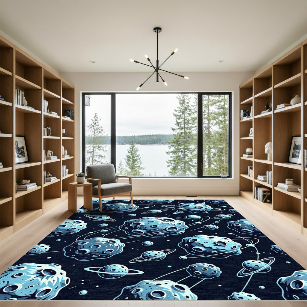 Cosmic Blue Asteroid Galaxy Orbit Rug