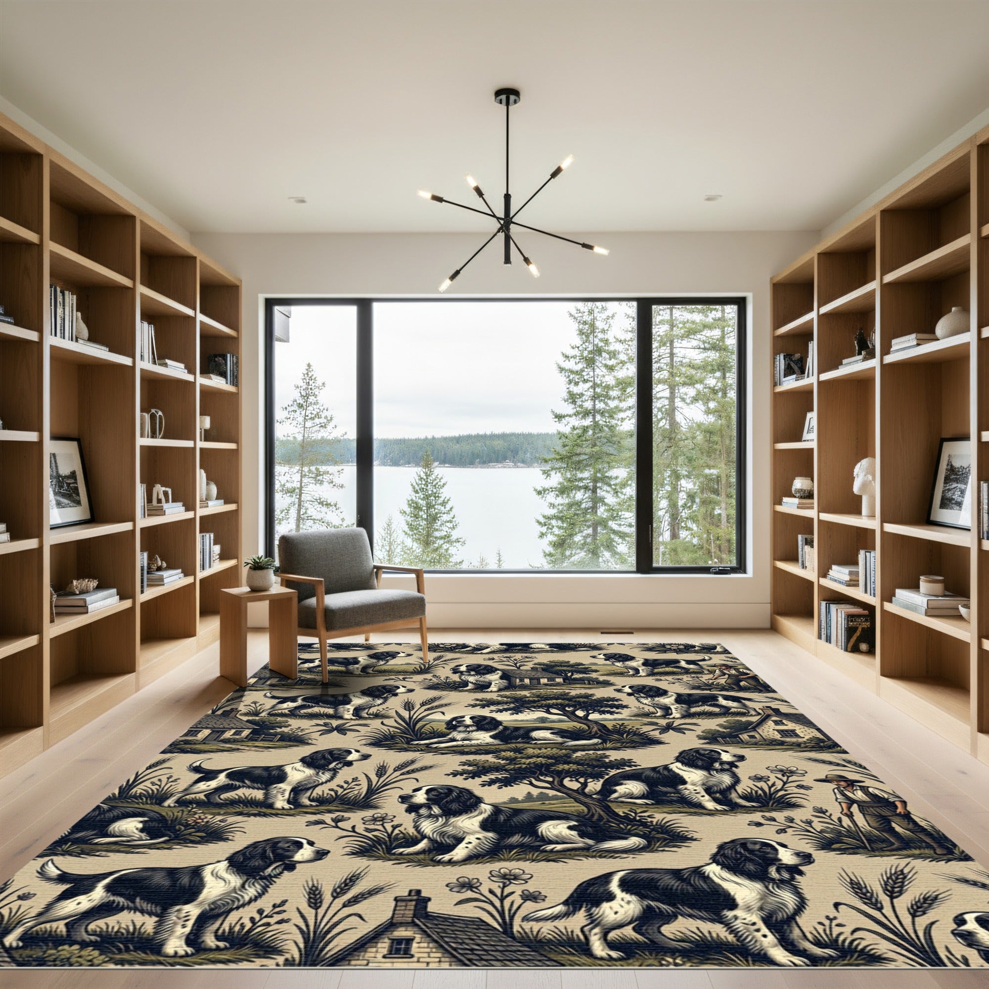 Black and White Spaniel Countryside Toile Rug