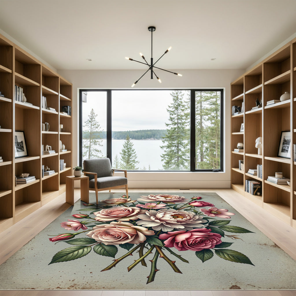 Soft Pink Botanical Rose Bouquet Rug