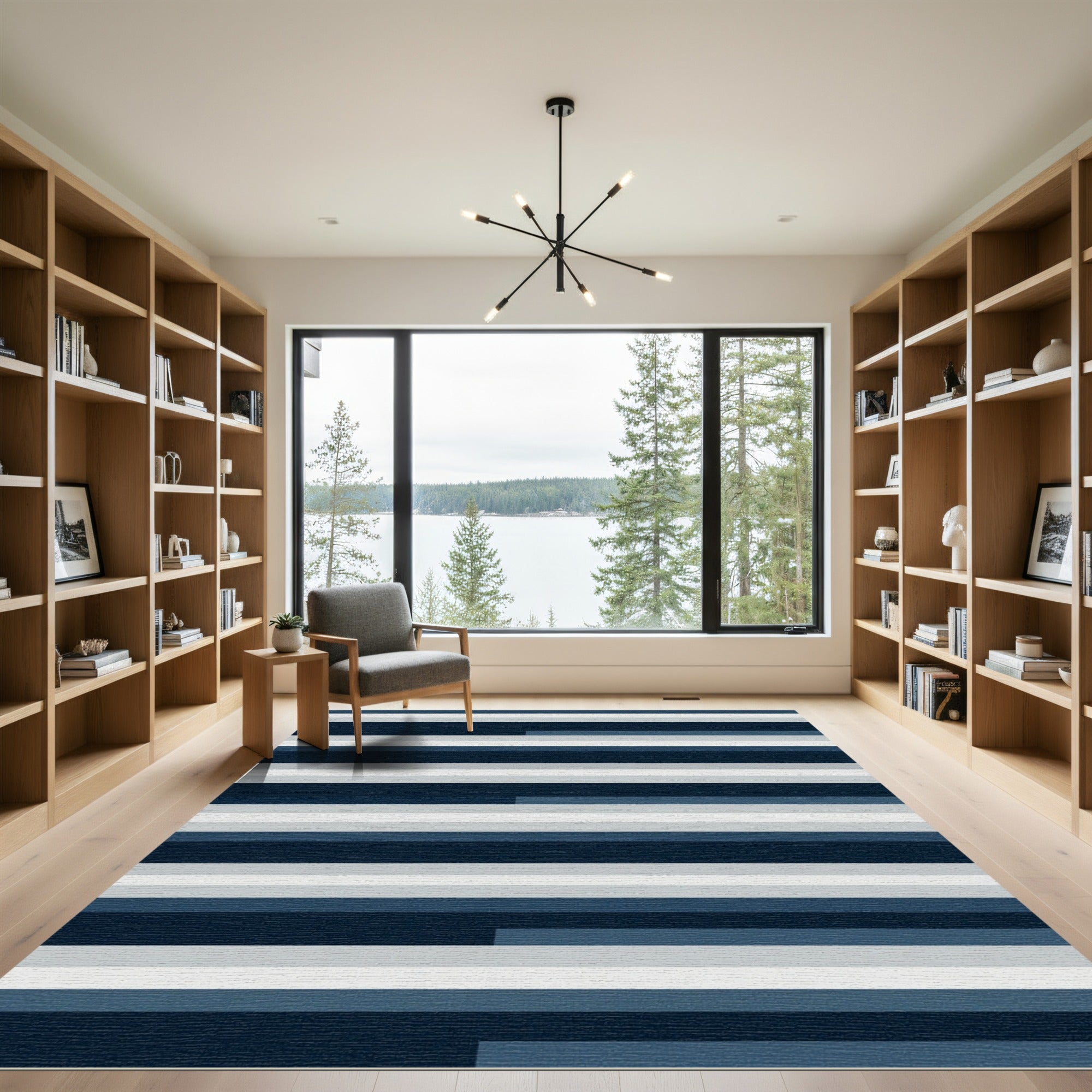 Modern Linear Navy and Light Blue Striped Rug