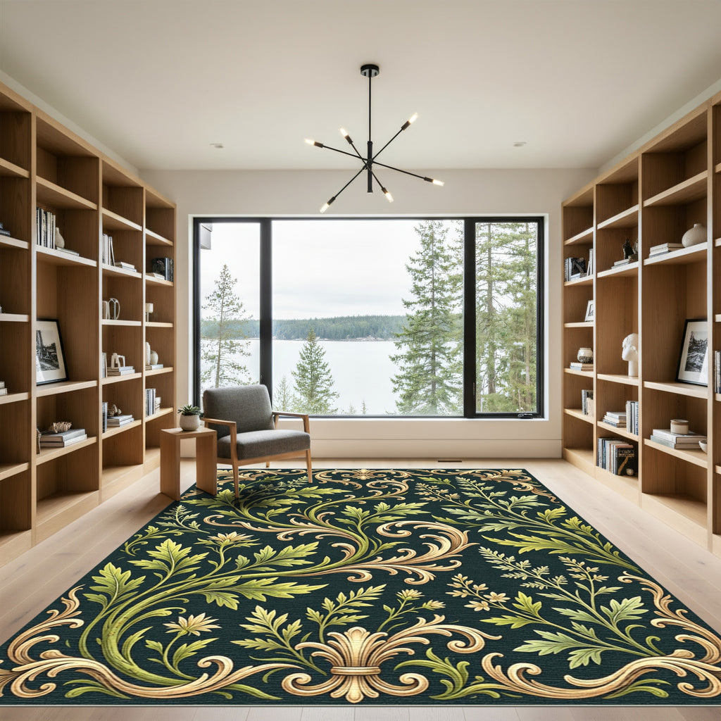 Elegant Sage Green Golden Baroque Scroll Rug