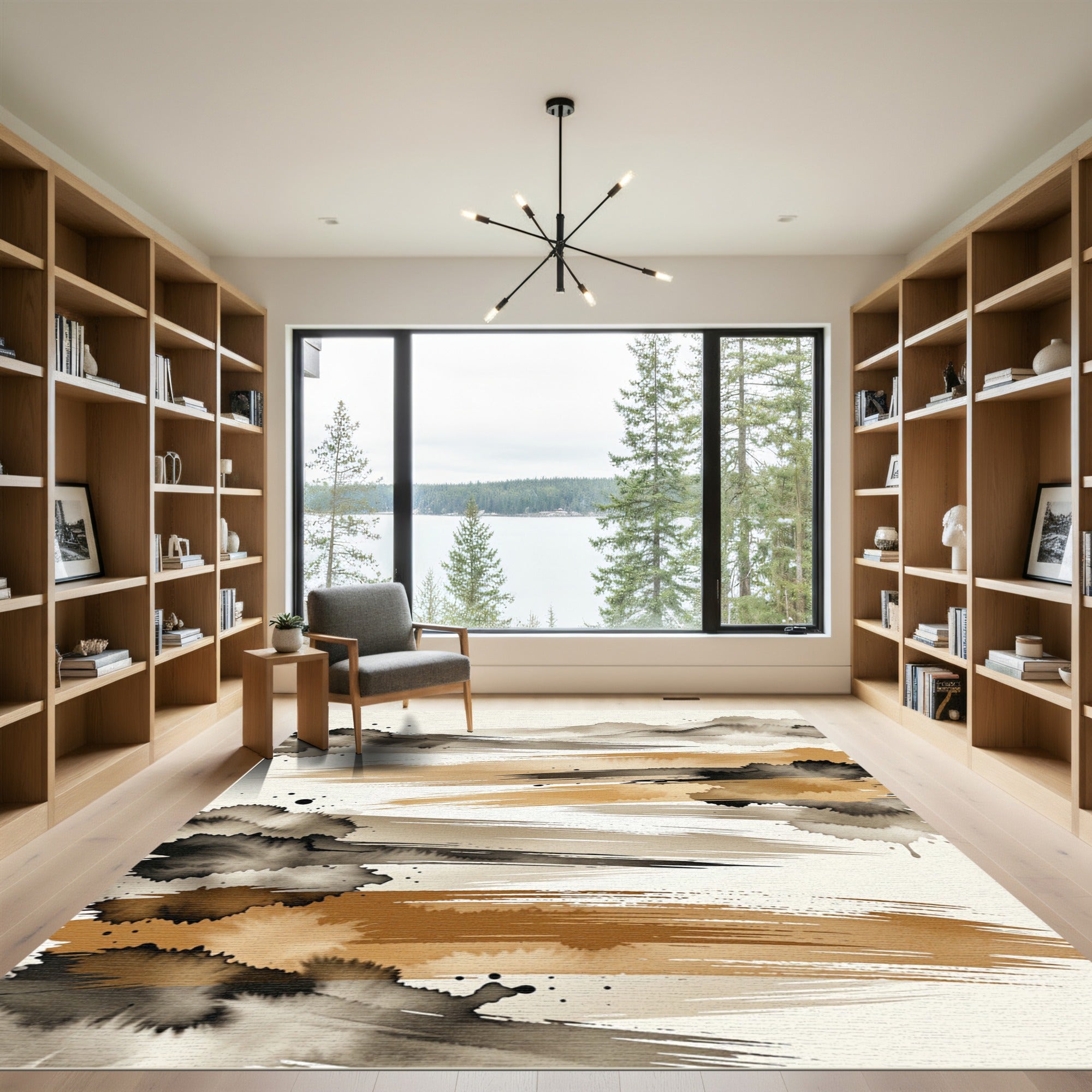 Earthy Golden Ink Brushstroke Abstract Rug