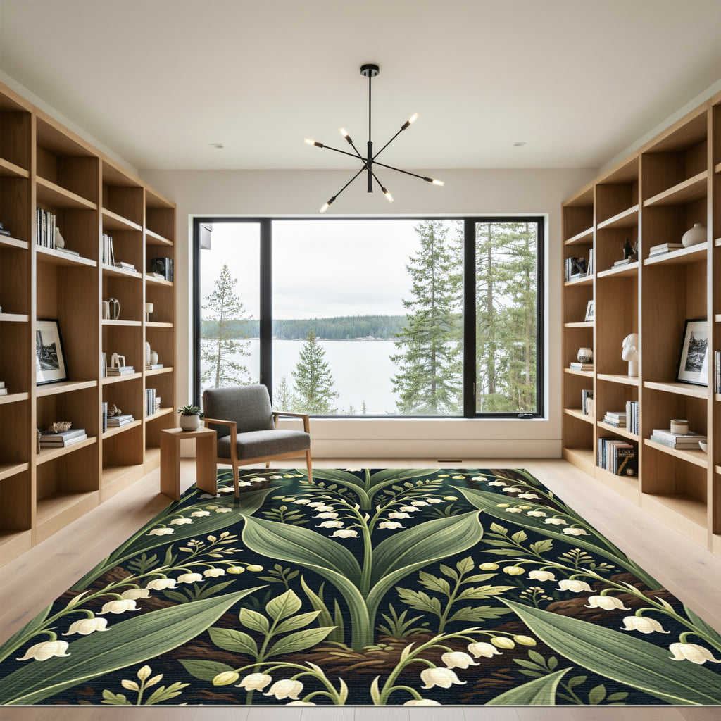 Elegant Dark Botanical Lily Valley Rug