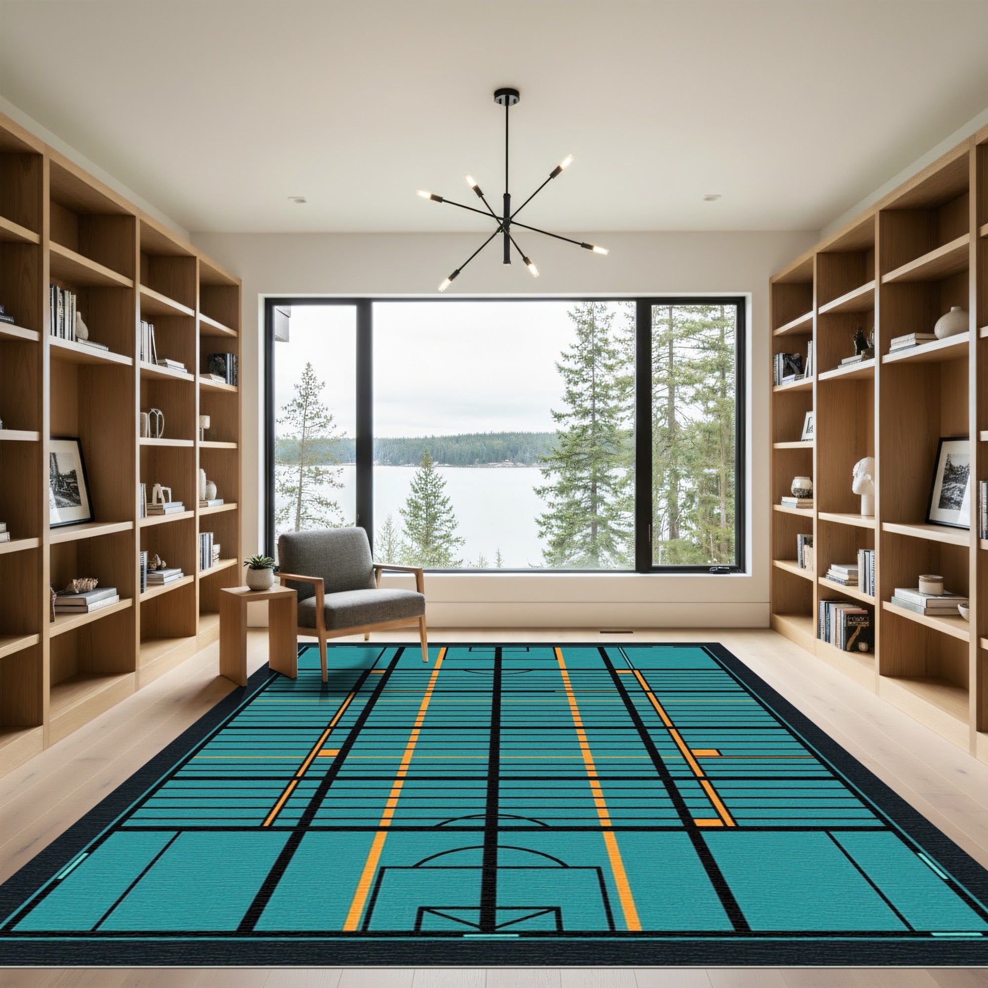 Modern Teal Grid Geometric Floor Art Rug