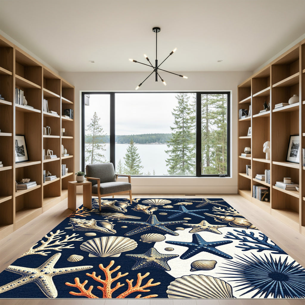 Navy Coastal Seashell Starfish Ocean Art Rug
