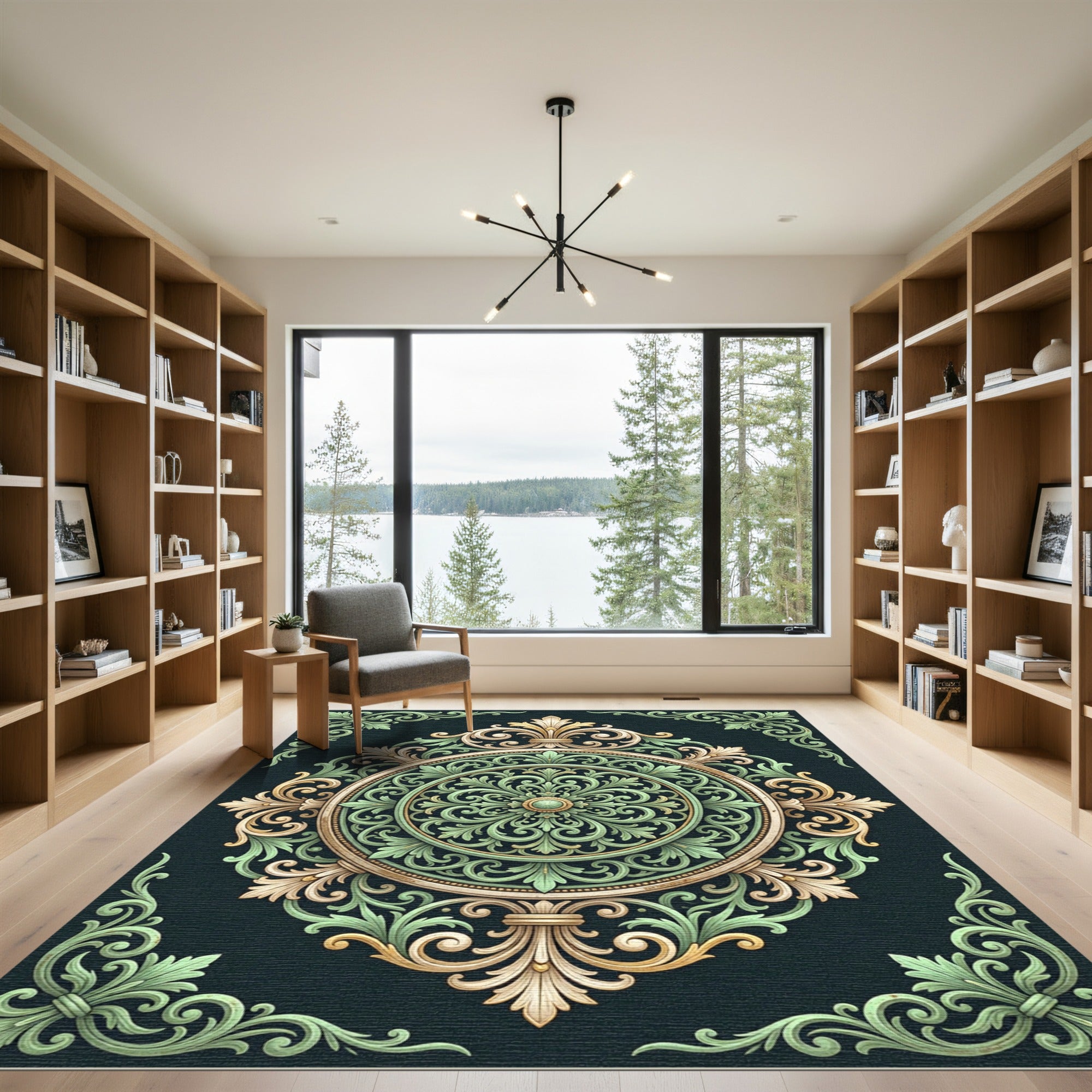 Ornate Sage and Gold Damask Medallion Rug