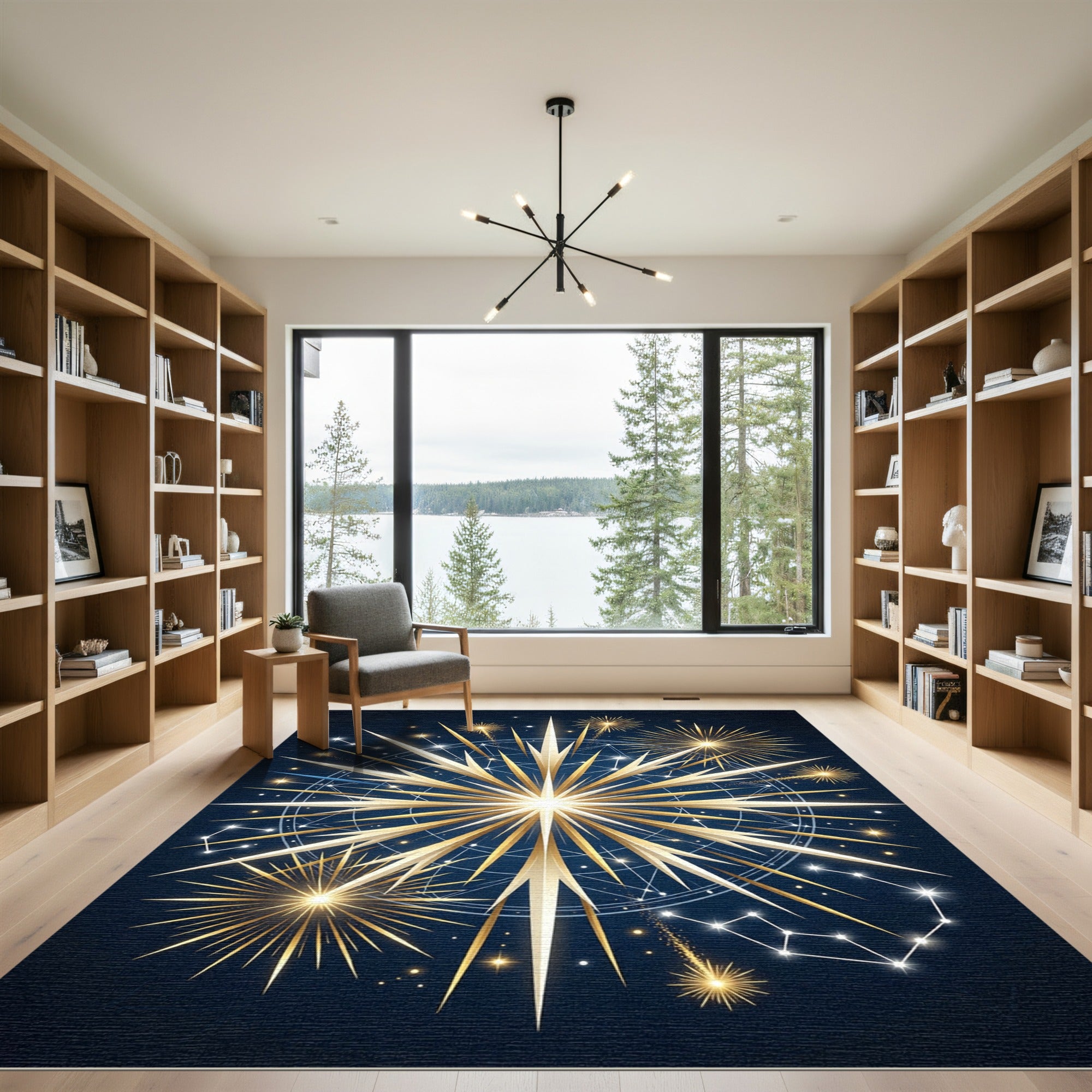 Golden Celestial Starburst Navy Area Rug