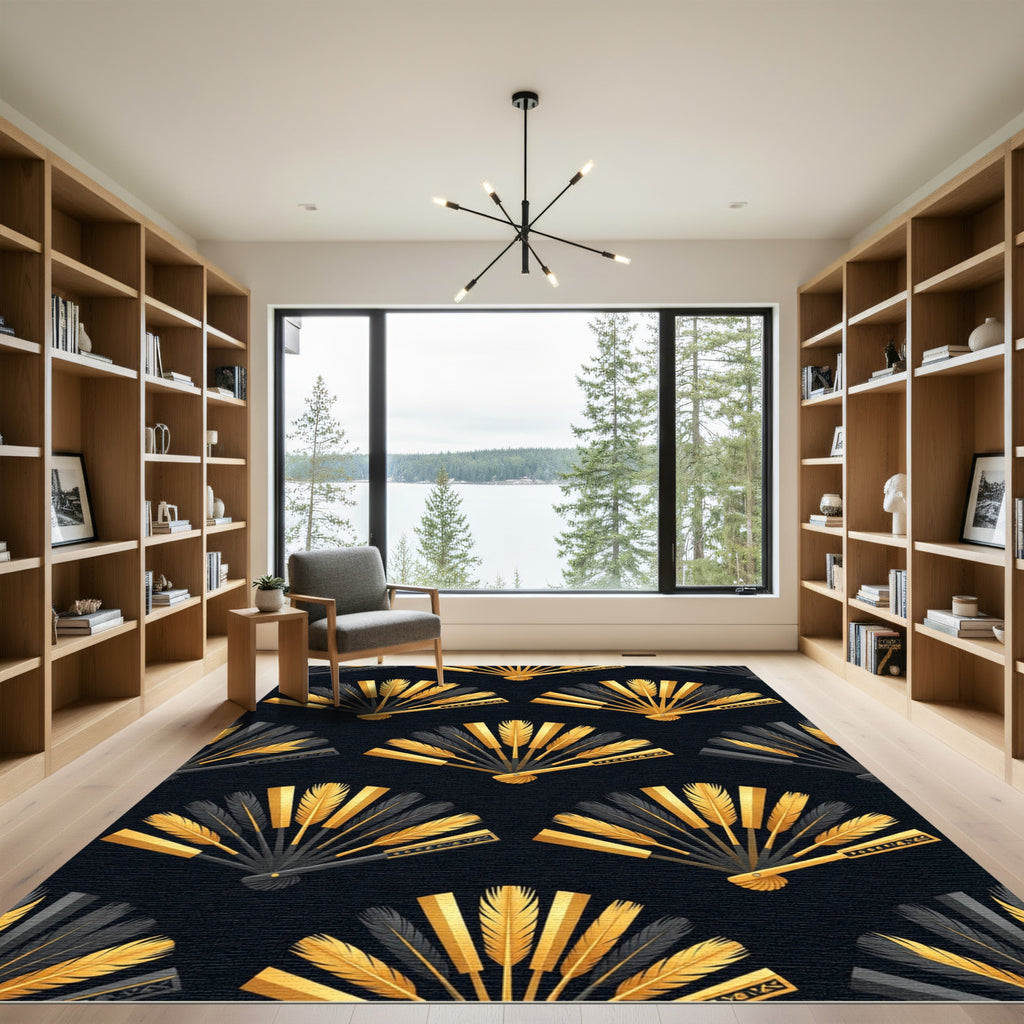 Elegant Golden Fan Leaf Art Deco Rug