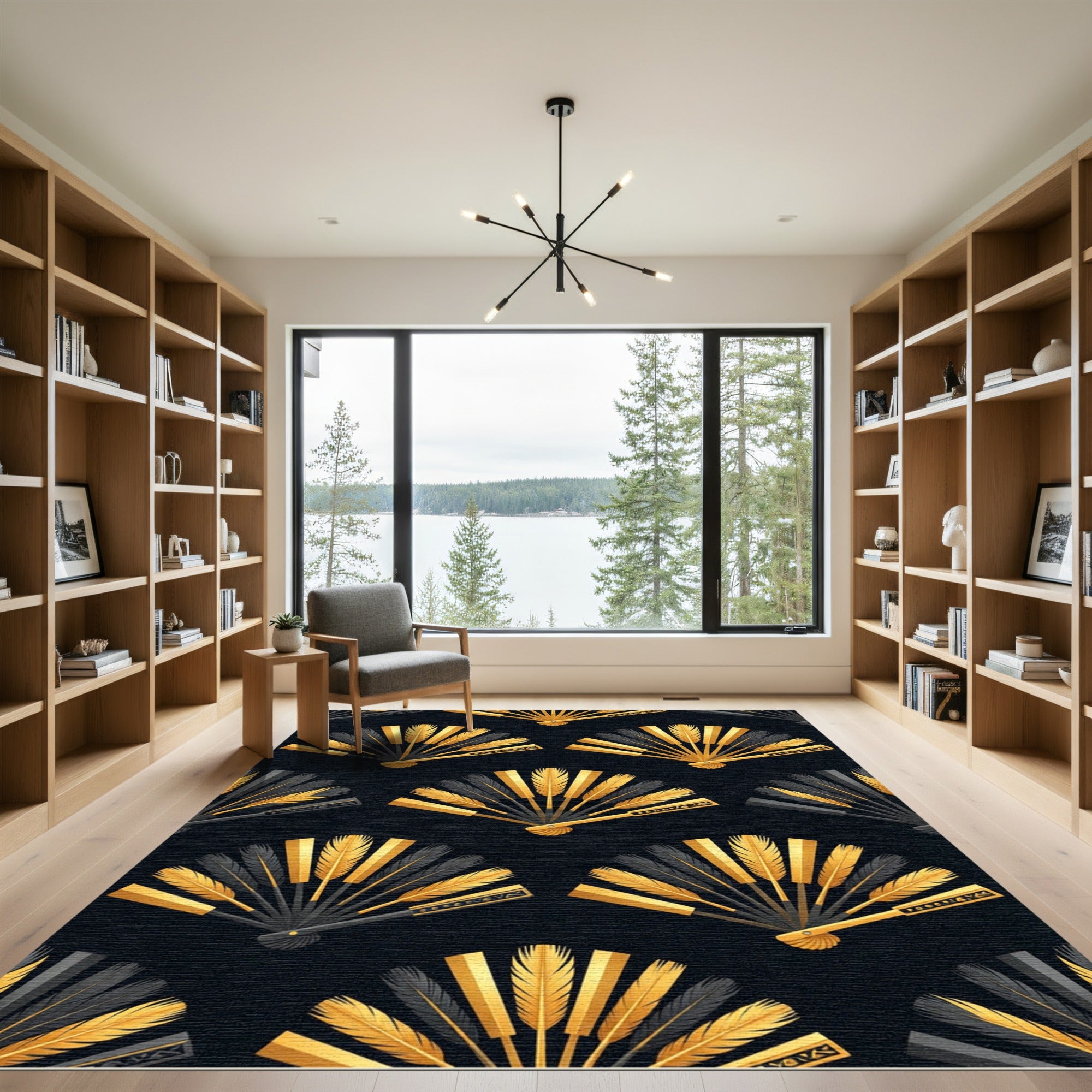 Elegant Golden Fan Leaf Art Deco Rug