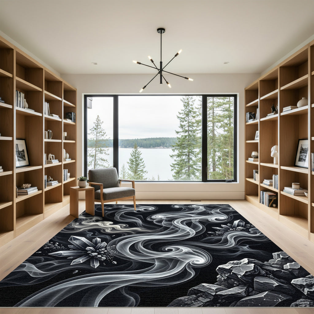 Abstract White Crystal Smoke Swirls Rug