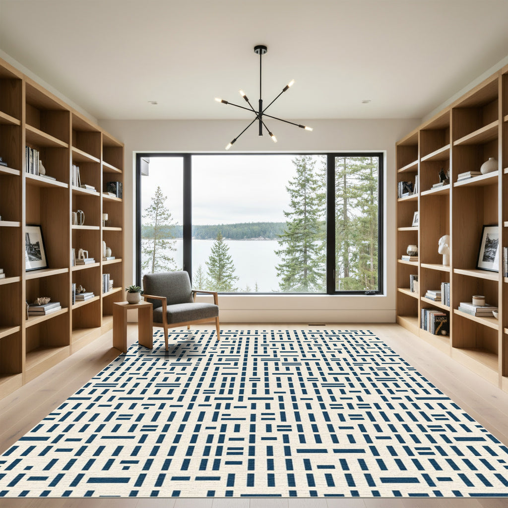 Modern Navy Crisp Grid Abstract Art Rug