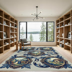 Ornate Blue Ribbon Village Scene Rug