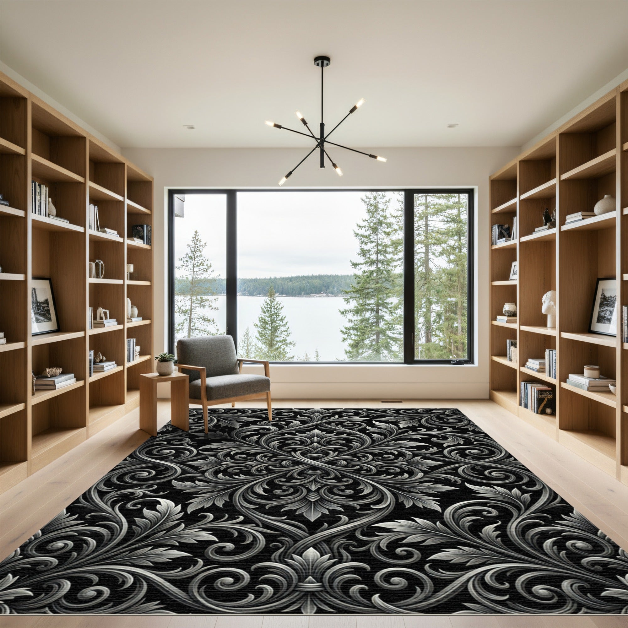 Ornate Floral Scrollwork Silver Rug