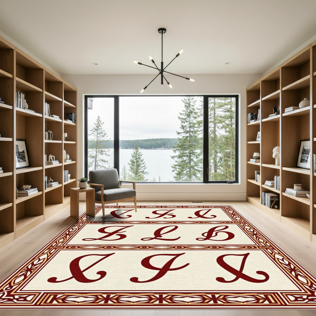 Burgundy Script Monograms Ivory Border Rug