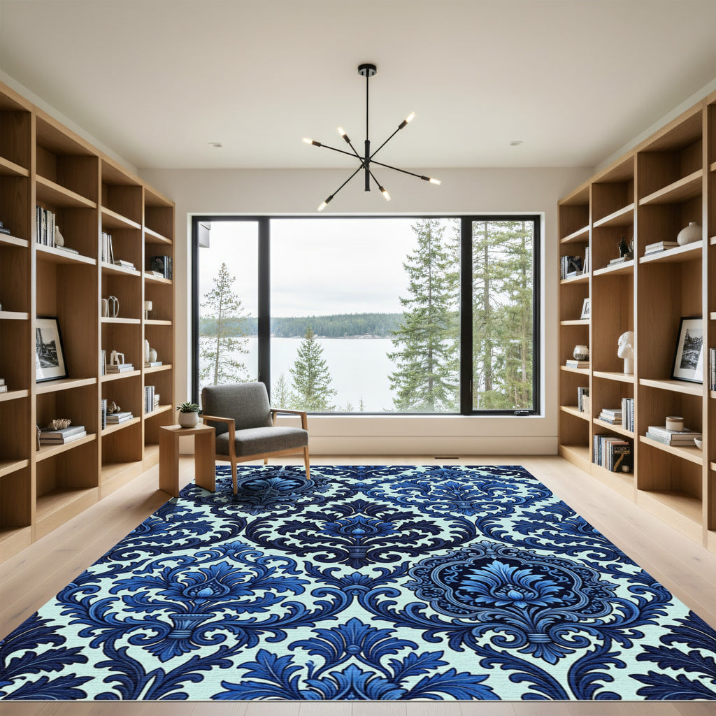 Deep Blue Damask Ornament Rug