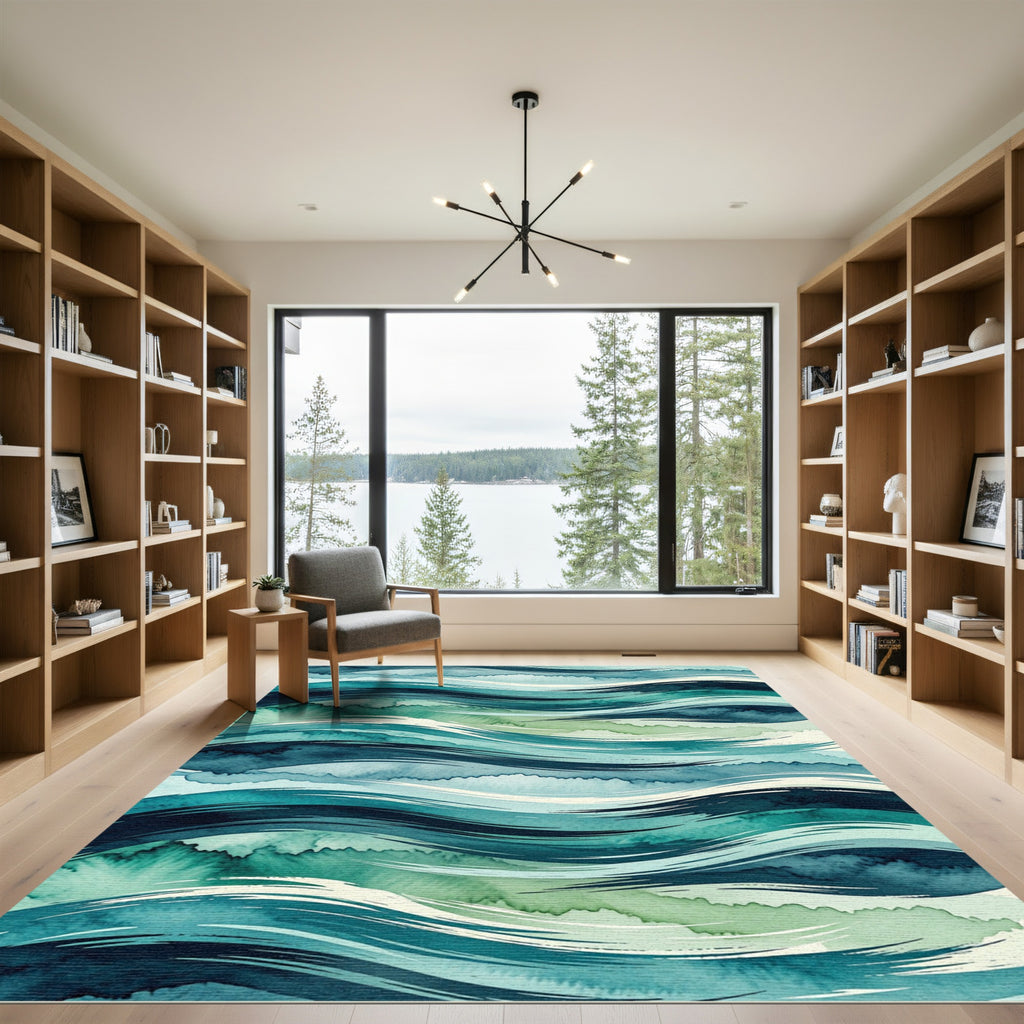 Abstract Teal Watercolor Ocean Waves Rug