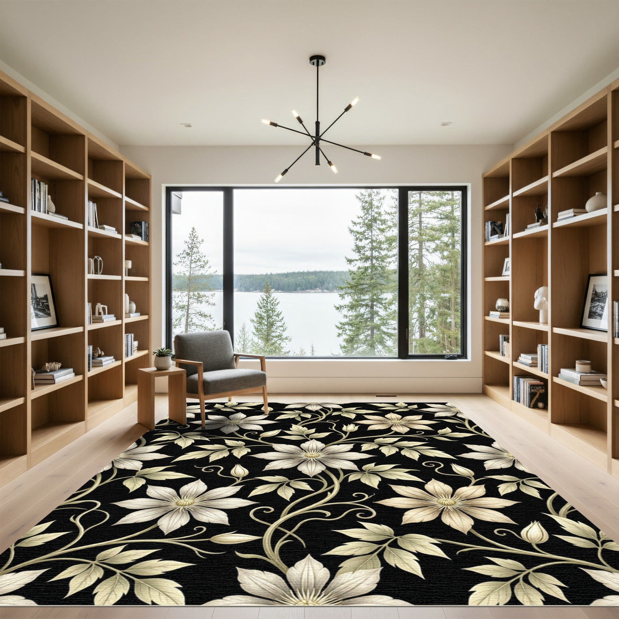 Cream Floral Vine Black Canvas Rug