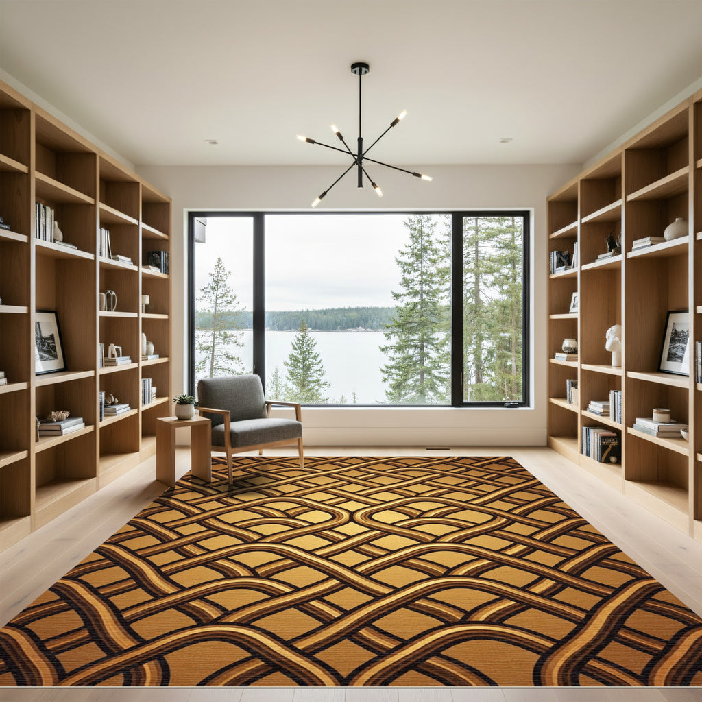 Golden Woven Interlocking Wave Rug