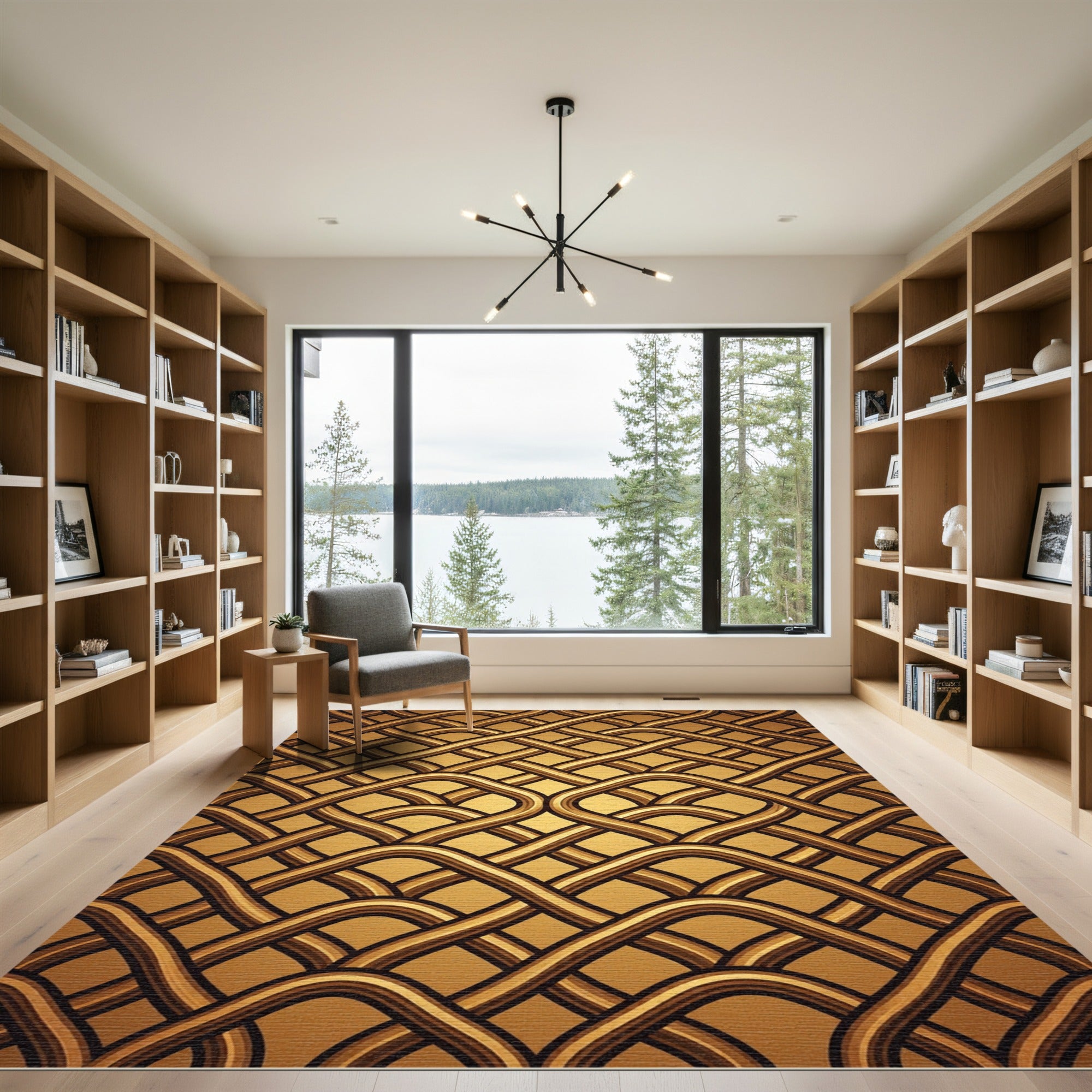 Golden Woven Interlocking Wave Rug
