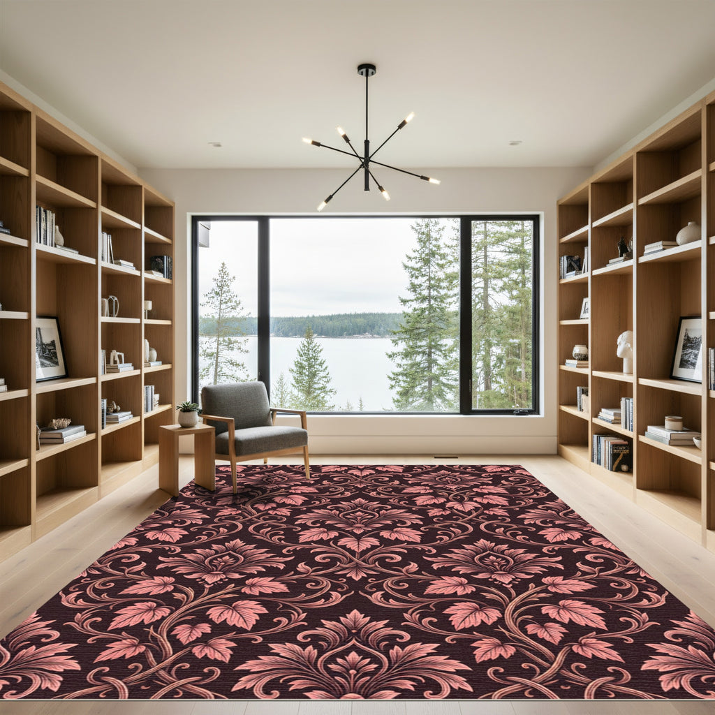 Elegant Dusty Rose Damask Scrolling Vines Rug